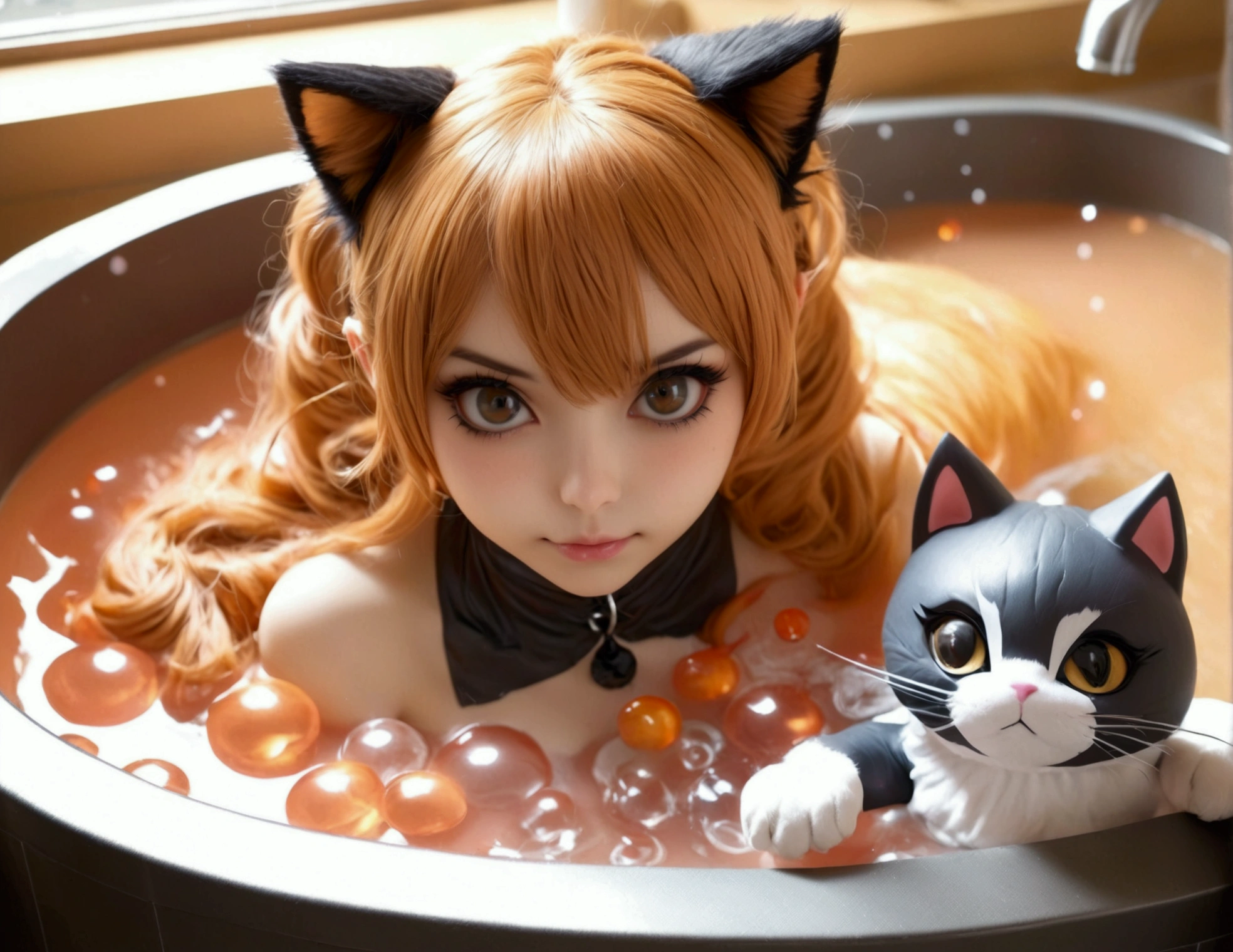Xiaorou SeeU, age 20, in a adorable sexy cat girl cosplay, acting surly and intimidating, she does not want to take a bath, bathroom with bubble bath in tub