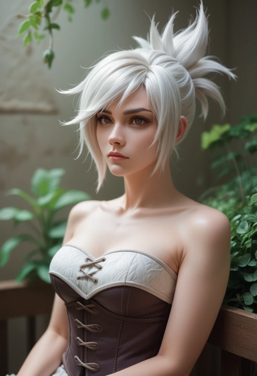 (Masterpiece:1.2), best quality, (illustration:1.2), (ultra-detailed), riven \(league of legends\), 1girl, folded ponytail, short dress, single pauldron, corset, white hair, sitting, upper body, cowboy shot