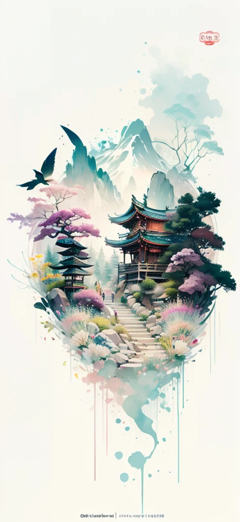 (Art by Numbers,Inks and washes:1.2)，Nobody, Mountain々, wood, Rivers，Flowers，Lotus flower，Purple Flower,沢Mountainの花(Oriental elements, Chinese colors, Senior Color Matching),  (3D sculpture，Rendering with Octane，Volumetric Light，Natural soft light，), (Very delicate:1.2, Losing focus:1.2, Very colorful, Cinema Lighting, Chiaroscuro,Ray Tracing), masterpiece, Super rich,Very detailed,8k, Zurrison_style_wonderful_wall