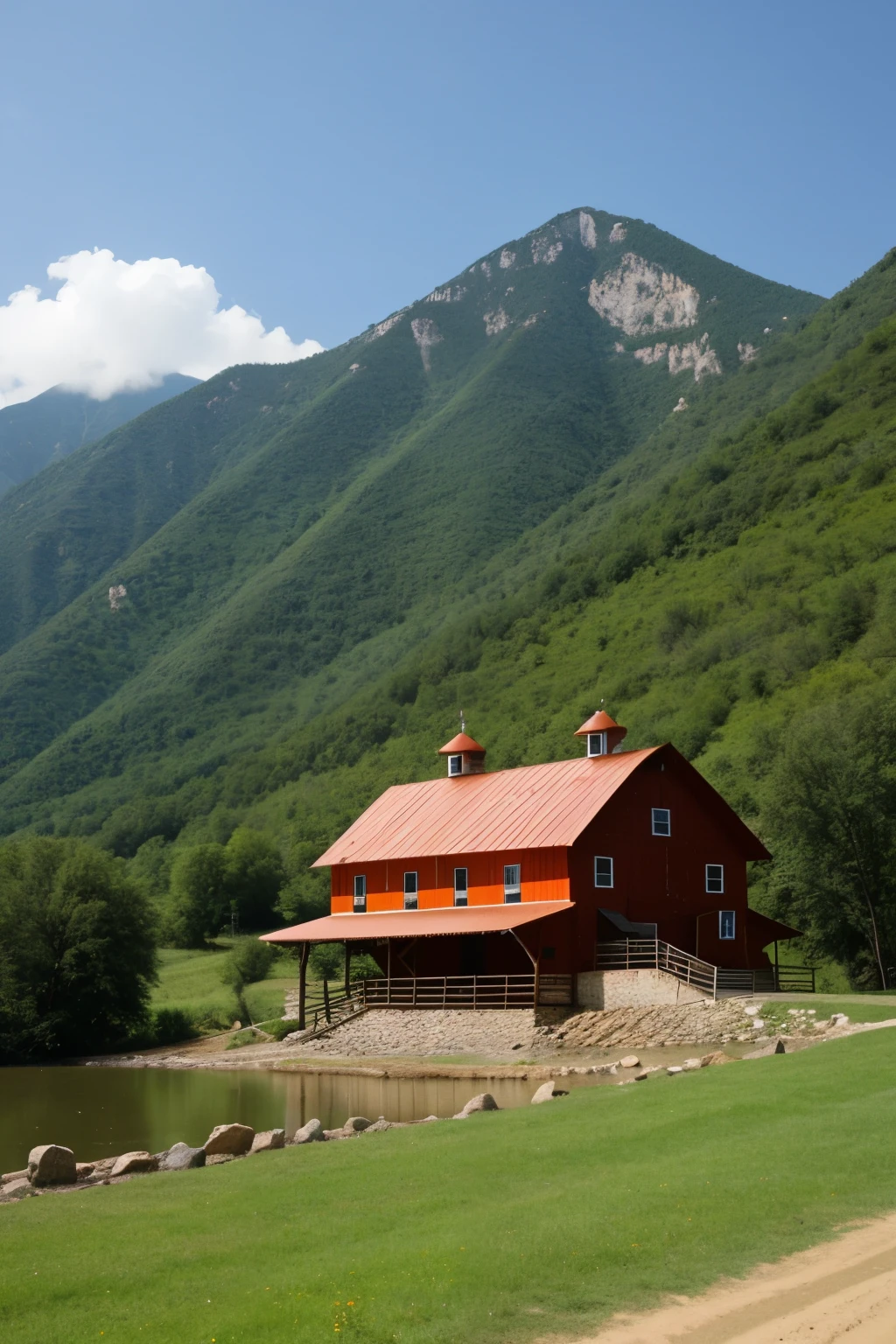 A farm house that can be seen from the front that has 2 floors and that has 4 symmetrical orange columns on each floor but that is on a CLOSER mountain and that has a river
