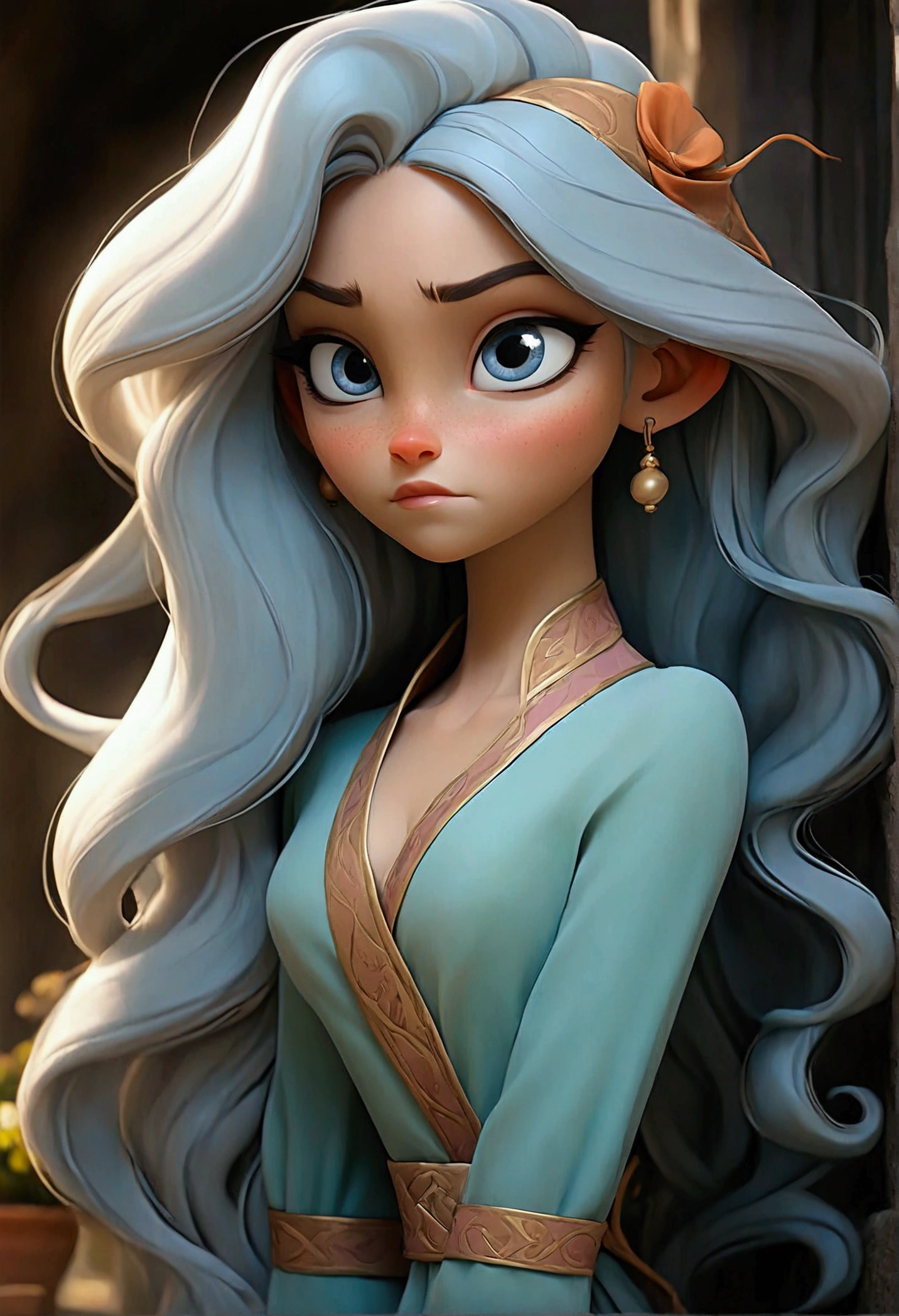 The female character must have: very long sky blue hair that reaches her ankles, big deep blue eyes, profiled and small nose, Small ears, very feminine lips, Your face should be round and your skin should be light., shoulders should be normal feminine, His arms are thin with small hands, his chest must be extremely large., his flat abdomen, must have prominent curves, very thick legs as well as long and finally his feet must be small. Must have a dark blue dress.