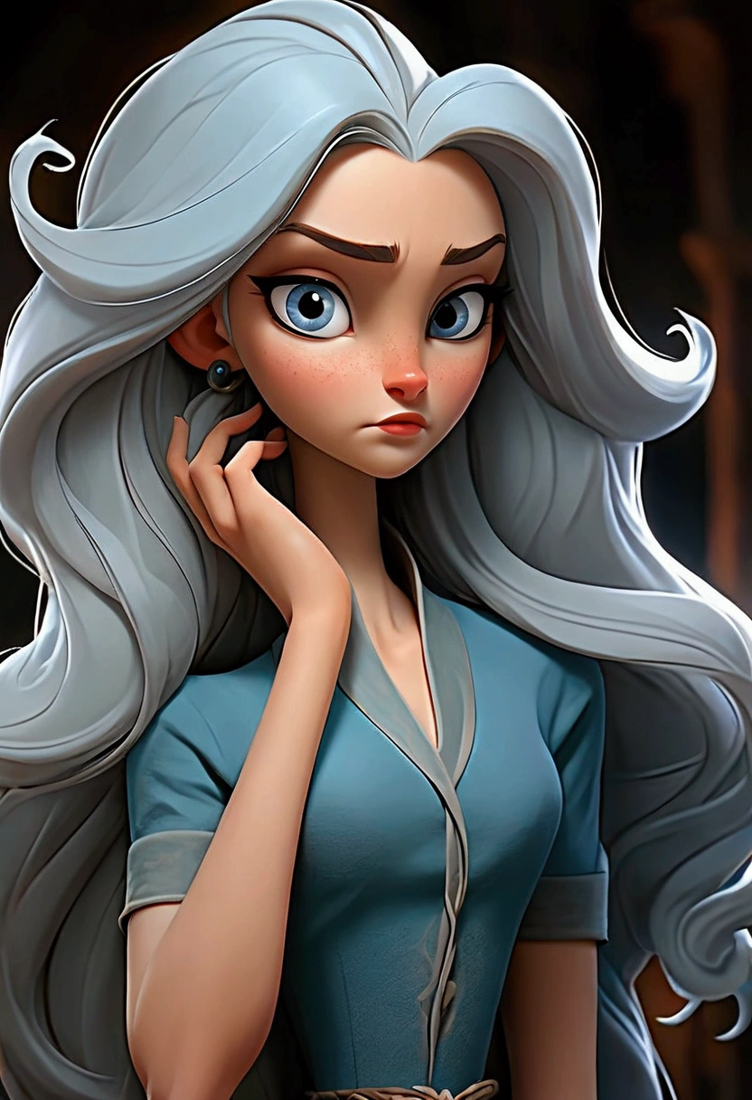 The female character must have: very long sky blue hair that reaches her ankles, big deep blue eyes, profiled and small nose, Small ears, very feminine lips, Your face should be round and your skin should be light., shoulders should be normal feminine, His arms are thin with small hands, his chest must be extremely large., his flat abdomen, must have prominent curves, very thick legs as well as long and finally his feet must be small. Must have a dark blue dress.