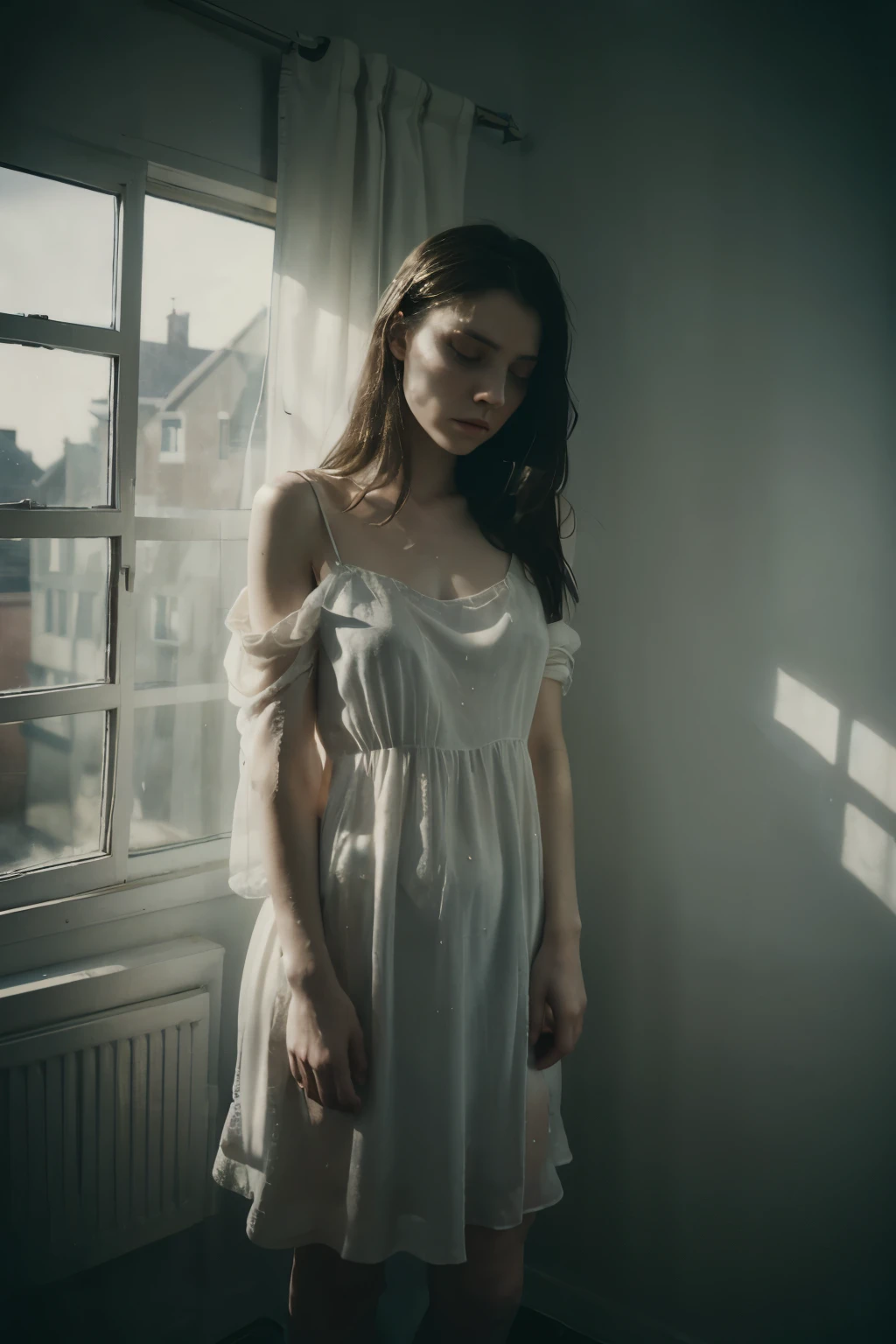 woman in a white dress standing in a room with a window., inspired by Elsa Bleda, by Elsa Bleda, by Johanna Marie Fosie, inspired by Katia Chausheva, pale young ghost, tattered dress, A portrait of a suicidal girl, covered in cobwebs and dust, inspired by Brooke Shaden