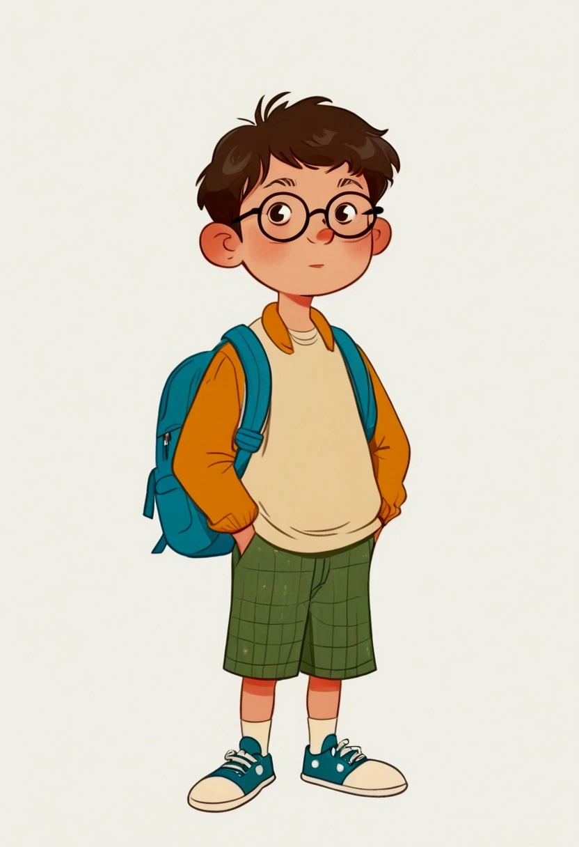 
cartoon boy with glasses and a backpack standing in front of a white background, cute cartoon character, cute cartoon style, simple cartoon style, cute character, cartoonish vector style, cartoon style illustration, high quality character design, minimalist cartoon style, cartoonish cute, in cartoon style, cute boy, cartoon art style, ???, boy with neutral face, cartoon portrait, cute cartoon