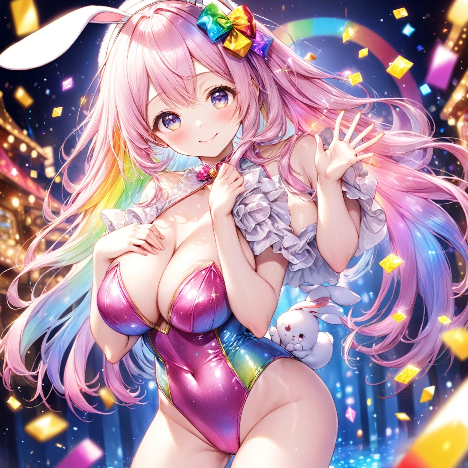 (Highest quality, 8k, 32K, masterpiece, Ultra-high resolution,:1.2),to be born, One Girl,So cute , Casino-like fantasy background, clear, Shining Eyes, Age 25 ,Fair skin, 薄いピンクの髪の毛 girl, Fantasy Clothing, Long Hair, An innocent smile, Small , night, Bunny girl, Rabbit Ears,Nyan Nyan Pose,sexy,Large breasts,Sparkling,Sparklingエフェクト,Rainbow colored leotard