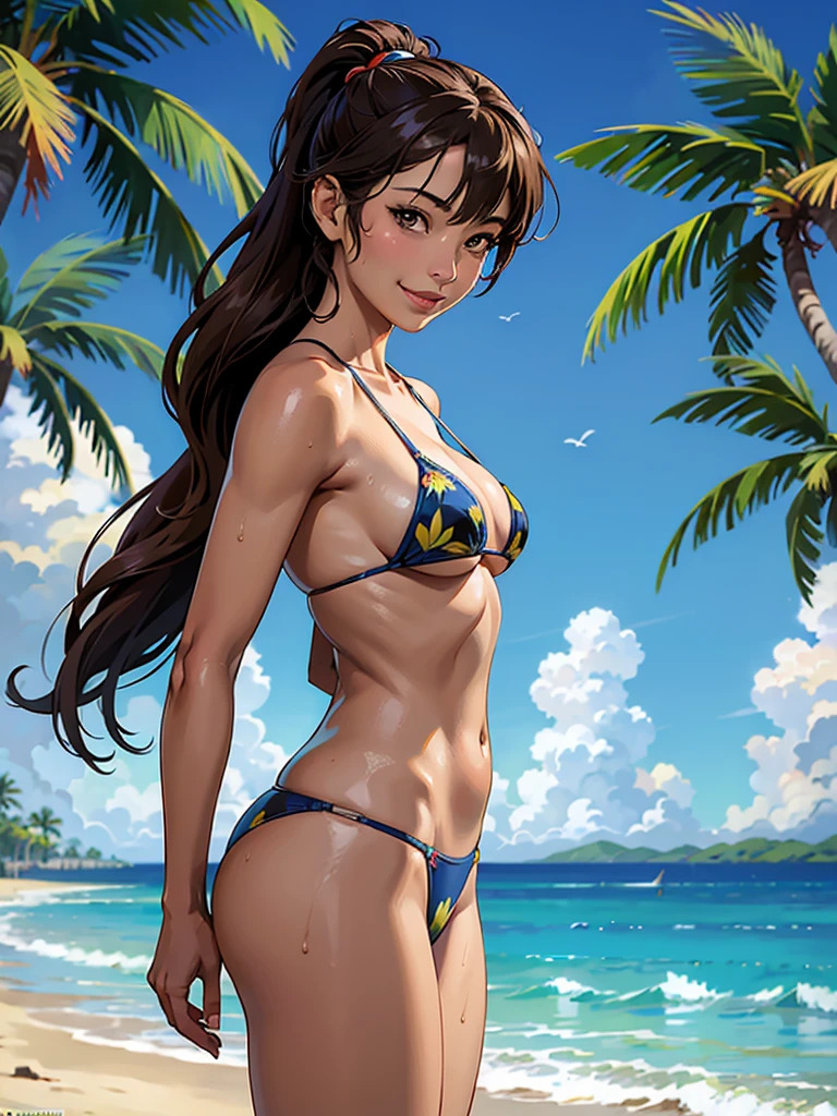 ((highest quality, masterpiece, High resolution)), ((reality)),Photos of beautiful Japanese women,((anime art))、 (((1 girl))), normal size breasts, slim body shape, long ponytail,double eyelid, Wet see-through micro bikini, A pareo with bold ethnic patterns and plenty of primary colors、(Brown skin:1.4),realistic skin、Wet,whole body,cinematic light、tropical、Against the background of palm trees on both sides、on a sunny beach、With the sea in the background、blur background、smile