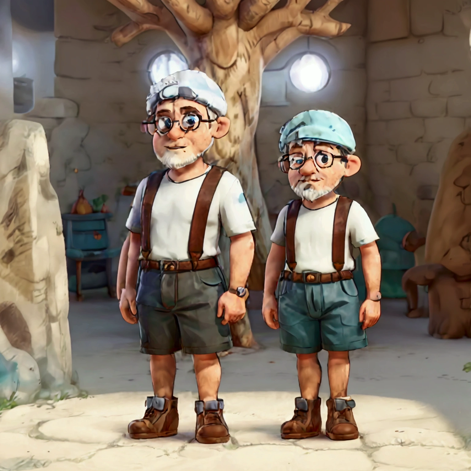 a gnome wearing a brown beret, with a big, shaggy beard, white hair and beard. He wears big, round glasses, a black tshirt, light blue pants and a white coat. On the feet, he wears black boots and always has a latex glove on his hands. The scene in the background is a laboratory located inside a tree trunk., with laboratory equipment and flasks visible around. The style must be detailed and charismatic, reflecting the gnome&#39;s unique personality