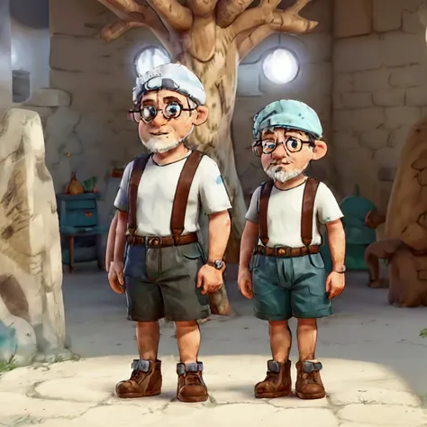 a gnome wearing a brown beret, with a big, shaggy beard, white hair and beard. he wears big, round glasses, a black tshirt, ligh...