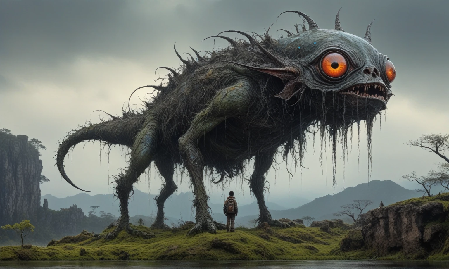 full-body-shot,Very tall , who can't fly,Cinematic, Technicolor,natural skin textures, hyper realisitc, hyper detailed,Extremely detailed,High contrast,Realistic,Chalsedoon goblin, back view,full body length,evil ghost,Hobgoblin,pretty face,intricate details,realistic humid skin,extremely intricate details,anatomically correct, eyes extremely detailed, high detailed eyes,High contrast,Ultra HD,Retina,HDR,photo,photorealism,Masterpiece, natural skin textures, hyper realism,hyper detailed,High contrast,(HDR:1.4),Realism,Ultra Detailed,irina yermolova, close full body shot,16K resolution,RAW, Nikon Z9,Paul Zizka,full body length,niobium goblin,native irish,pretty face,eyebrow up,full body shot,ominous landscape,niobium gray atmosphere,by art Simon Stalenhag,Nicola Samori,(((Wangechi Mutu))),prime colors,urban,extremely detailed,masterpiece,intricate details,faded,eyes extremely detailed, high detailed eyes,4k resolution,islands levitating above ground, Nikon Z9,scary village,stalker,Stone Forest in Yunnan Province of China