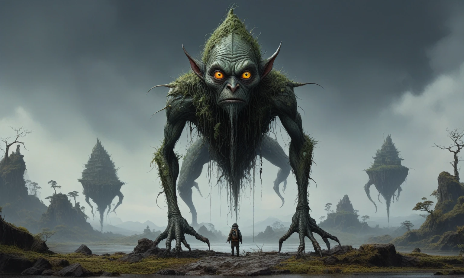 full-body-shot,Very tall , who can't fly,Cinematic, Technicolor,natural skin textures, hyper realisitc, hyper detailed,Extremely detailed,High contrast,Realistic,Chalsedoon goblin, back view,full body length,evil ghost,Hobgoblin,pretty face,intricate details,realistic humid skin,extremely intricate details,anatomically correct, eyes extremely detailed, high detailed eyes,High contrast,Ultra HD,Retina,HDR,photo,photorealism,Masterpiece, natural skin textures, hyper realism,hyper detailed,High contrast,(HDR:1.4),Realism,Ultra Detailed,irina yermolova, close full body shot,16K resolution,RAW, Nikon Z9,Paul Zizka,full body length,niobium goblin,native irish,pretty face,eyebrow up,full body shot,ominous landscape,niobium gray atmosphere,by art Simon Stalenhag,Nicola Samori,(((Wangechi Mutu))),prime colors,urban,extremely detailed,masterpiece,intricate details,faded,eyes extremely detailed, high detailed eyes,4k resolution,islands levitating above ground, Nikon Z9,scary village,stalker,Stone Forest in Yunnan Province of China