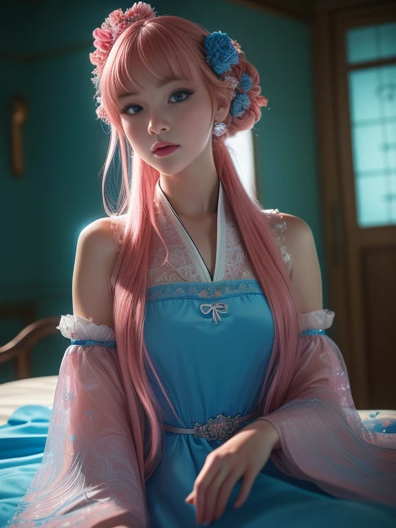 (finely detailed beautiful eyes and detailed face,masterpiece sidelighting,masterpiece,Best Quality,detailed,high resolution illustration),, (1 girl,whole body,bishoujo,shiny skin,looking down,looking at the viewer),, (pink hair,blue eyes,Love,Hanboks, Korean clothes), (dress_under bust:1.2),under the chest,