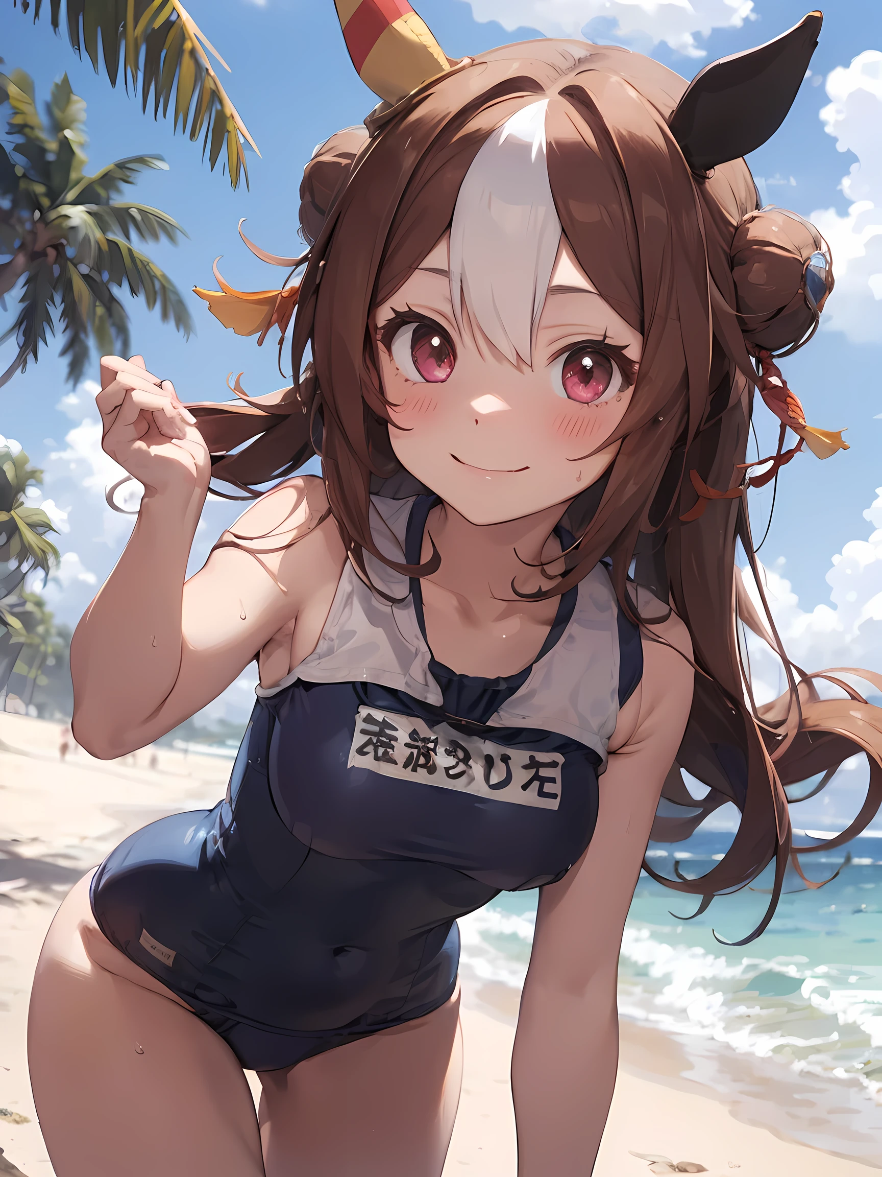 (NSFW:1.2), (masterpiece, best quality, perfect face:1.4) looking at viewer , walking, smile, blush, copano rickey \(umamusume\), (School swimsuit:1.2), cowboy shot, beach, Sand castle, tree, wave, wind