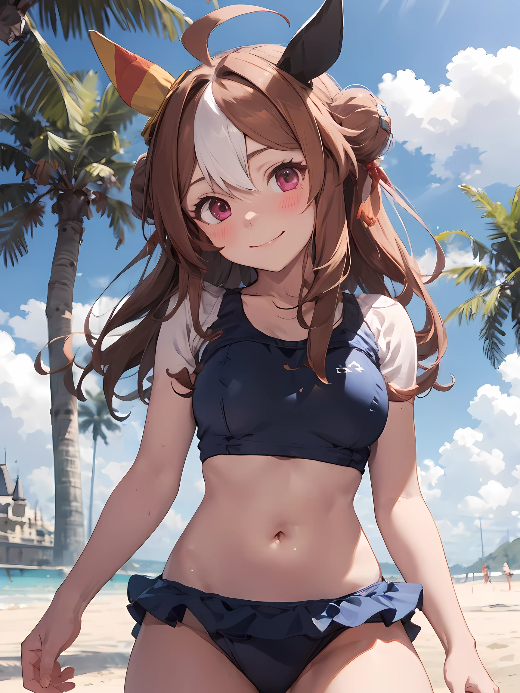 (NSFW:1.2), (masterpiece, best quality, perfect face:1.4) looking at viewer , walking, smile, blush, copano rickey \(umamusume\), (School swimsuit:1.2), cowboy shot, beach, Sand castle, tree, wave, wind