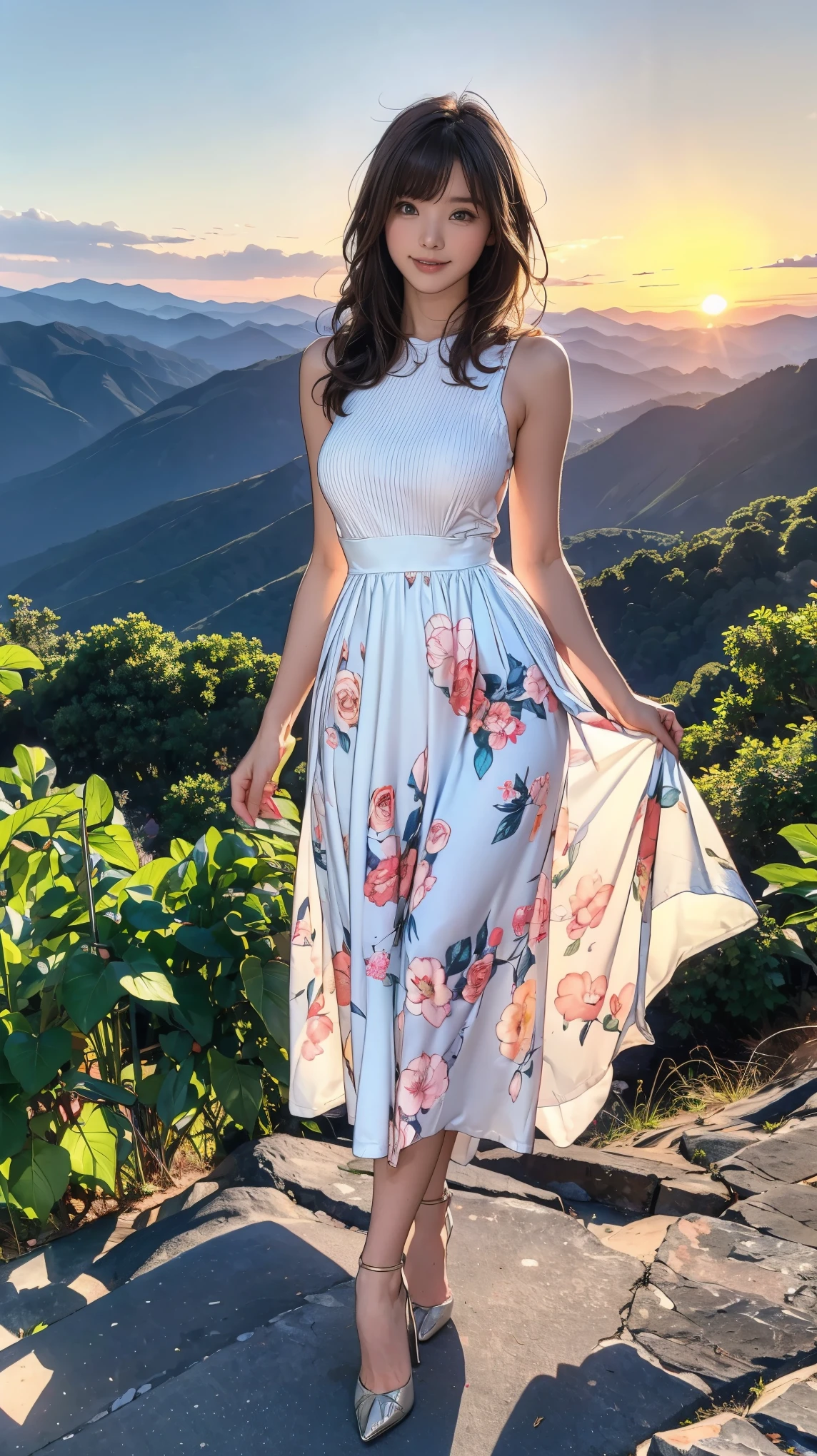 ((masterpiece)),(((Highest quality))),A low-angle shot that highlights beautiful thighs:1.5,Long legs,The best smile:1.5,Slim figure:1.5,whole body:1.5,(One Girl:1.3),(Viewer Display:1.4),(Pointy high heels:1.3),(Standing with legs apart on top of a mountain in the setting sun:1.2),(Wear a long skirt dress with floral or plant patterns:1.2),Curly Hair:1.5,