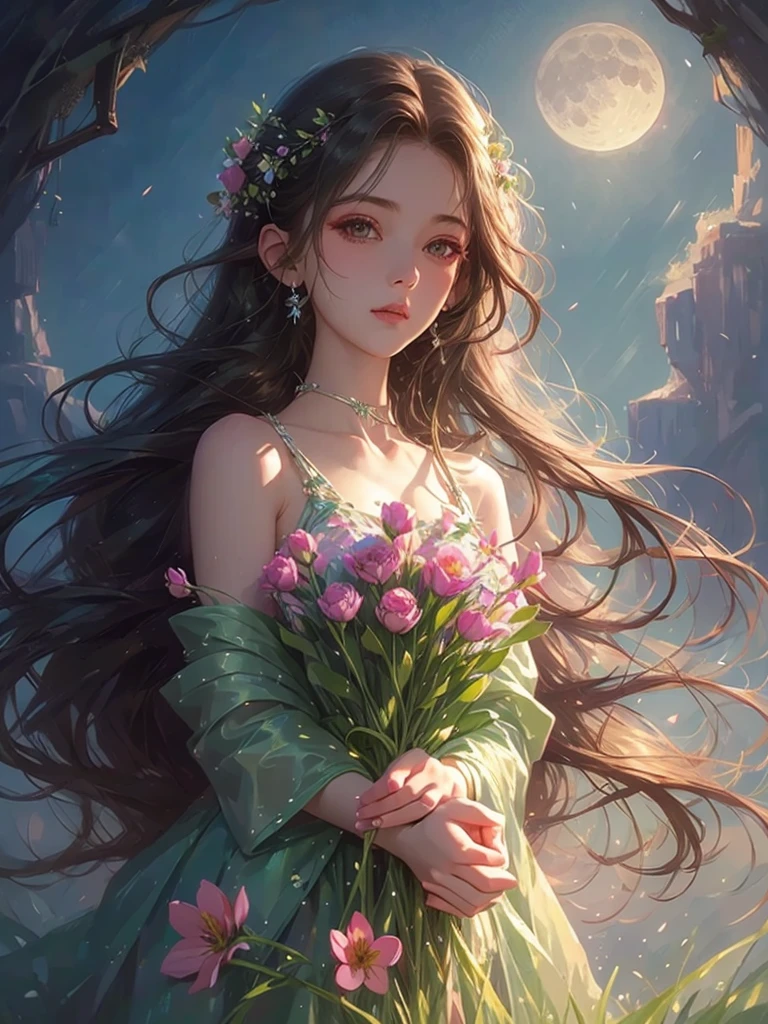 High quality, high resolution, one beautiful girl, pink and blue long hair, fantastic flower field, holding flowers with both hands, moonlit night, black dress, fantasy art