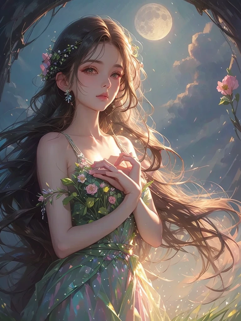 High quality, high resolution, one beautiful girl, pink and blue long hair, fantastic flower field, holding flowers with both hands, moonlit night, black dress, fantasy art