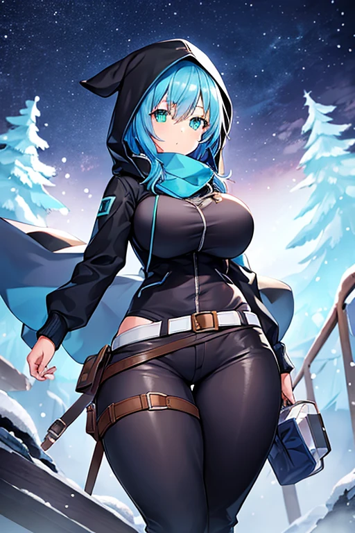 1girl, blue hair, medium hair, large breasts, breasts, green eyes, scarf, covered mouth, jacket, forest, snow, black jacket, hoddie, hooded jacket, hood on, hood up, zipper, gloves, glowing hair, glowing eyes, light blue hair, sky blue hair, night sky, sky, stars, pants, tall, hourglass figure, mature female, thick thighs, pants, belt, long pants
