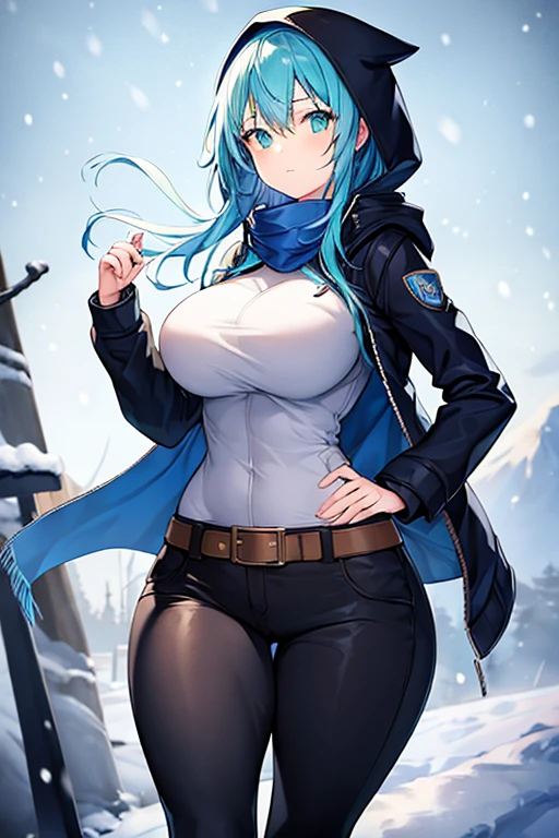 1girl, blue hair, medium hair, huge breasts, breasts, green eyes, scarf, covered mouth, jacket, forest, snow, black jacket, hoddie, hooded jacket, hood on, hood up, zipper, gloves, glowing hair, glowing eyes, light blue hair, sky blue hair, night sky, sky, stars, pants, tall, hourglass figure, mature female, thick thighs, pants, belt, long pants, bikini top