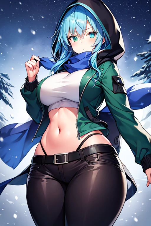 1girl, blue hair, medium hair, huge breasts, breasts, green eyes, scarf, covered mouth, jacket, forest, snow, black jacket, hoddie, hooded jacket, hood on, hood up, zipper, gloves, glowing hair, glowing eyes, light blue hair, sky blue hair, night sky, sky, stars, pants, tall, hourglass figure, mature female, thick thighs, pants, belt, long pants, bikini top, strap