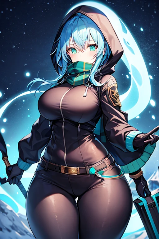 1girl, blue hair, medium hair, large breasts, breasts, green eyes, scarf, covered mouth, jacket, forest, snow, black jacket, hoddie, hooded jacket, ((jacket)), hood on, hood up, zipper, gloves, glowing hair, glowing eyes, light blue hair, sky blue hair, night sky, sky, stars, pants, tall, hourglass figure, mature female, thick thighs, pants, belt, long pants