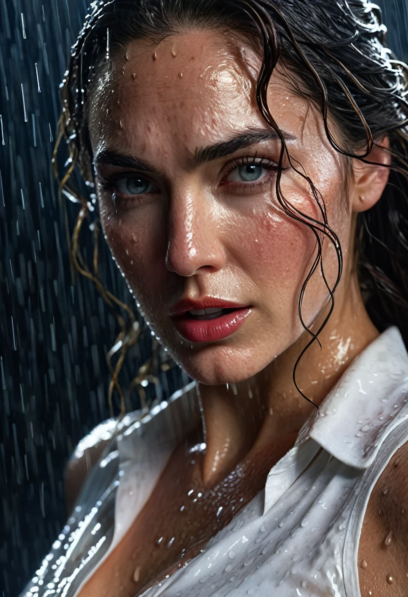 wonder woman, a woman in a wet white shirt, rain, wonder woman, detailed face, beautiful eyes, beautiful lips, beautiful skin, highly detailed, photorealistic, 8k, hyper detailed, masterpiece, cinematic lighting, dramatic shadows, powerful pose, dynamic action, heroic, epic, cinematic