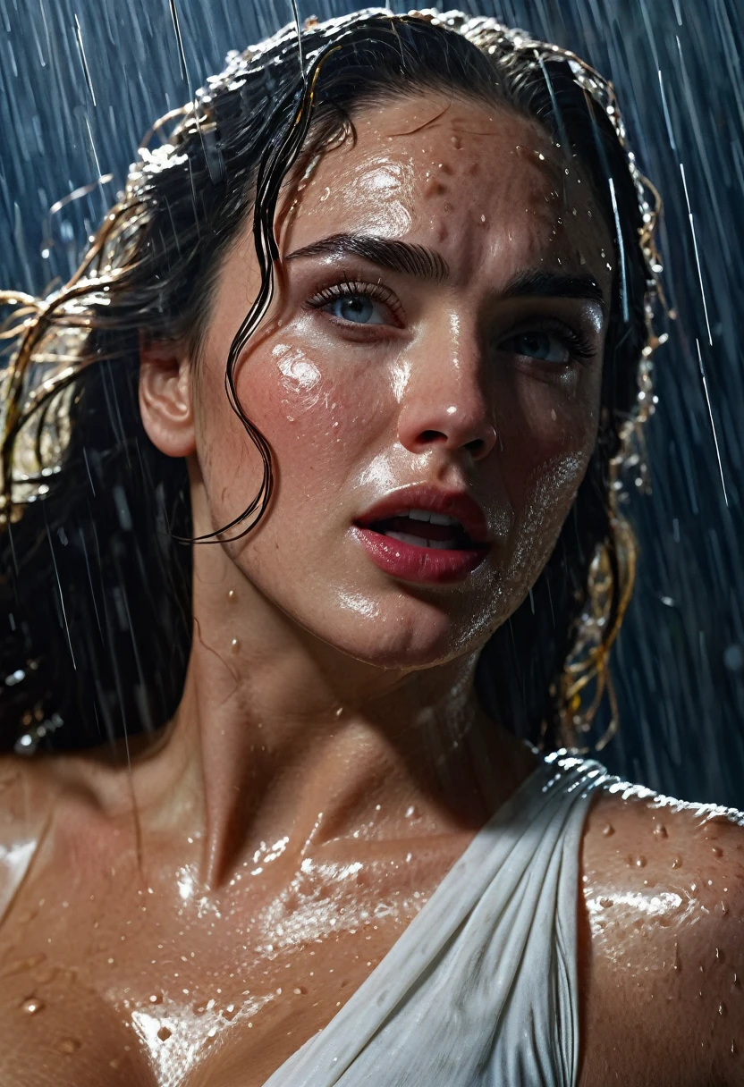 wonder woman, a woman in a wet white shirt, rain, wonder woman, detailed face, beautiful eyes, beautiful lips, beautiful skin, highly detailed, photorealistic, 8k, hyper detailed, masterpiece, cinematic lighting, dramatic shadows, powerful pose, dynamic action, heroic, epic, cinematic