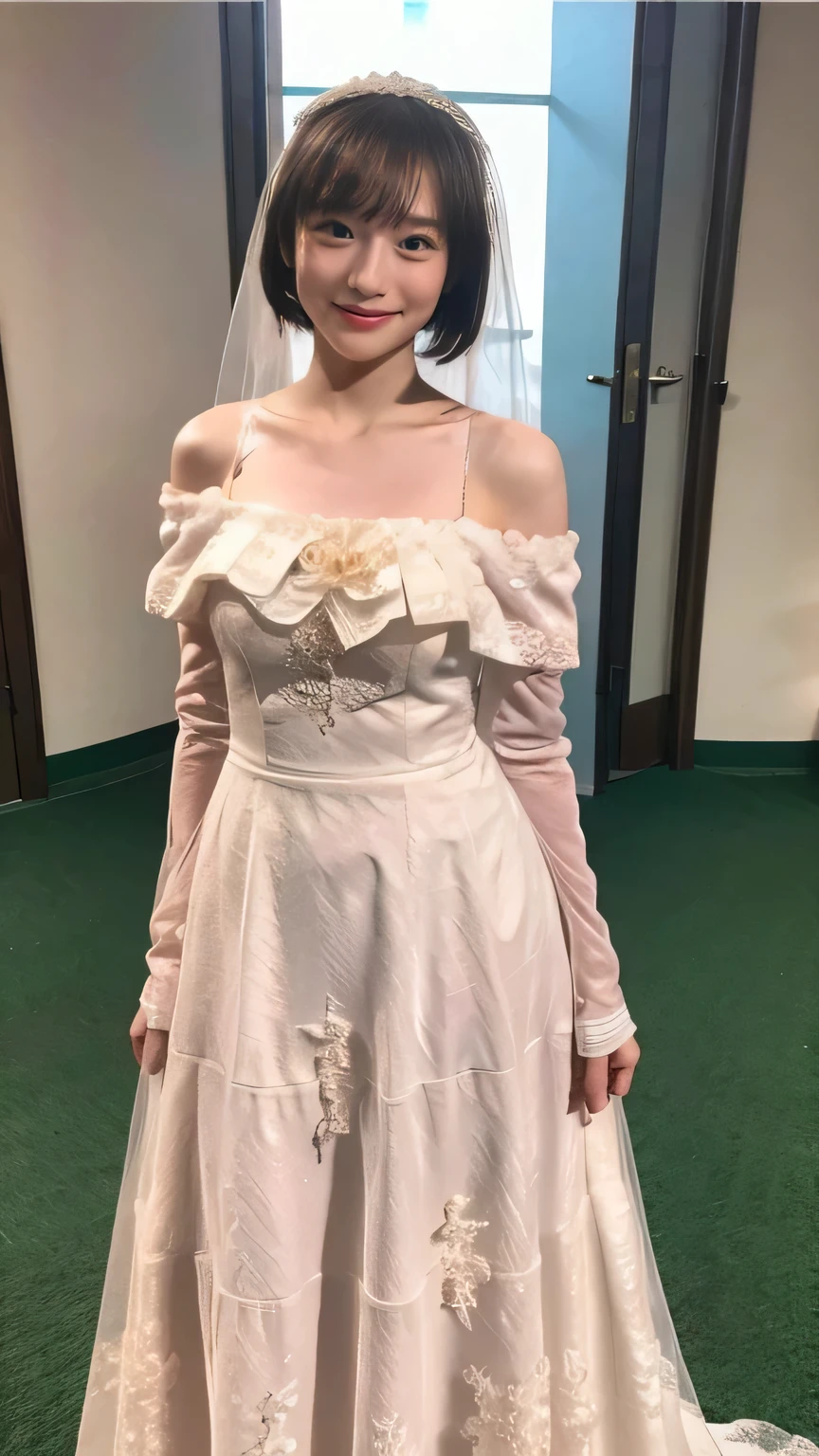 (8k、RAW Photos、Highest quality、masterpiece:1.2)、(Realistic、Realistic)、1 girl、((off-the-shoulder wedding dresses、Veil、Chapel、Short Bob、View from the front、smile、Looking at the camera 、smile、stand))、cute、Large Breasts