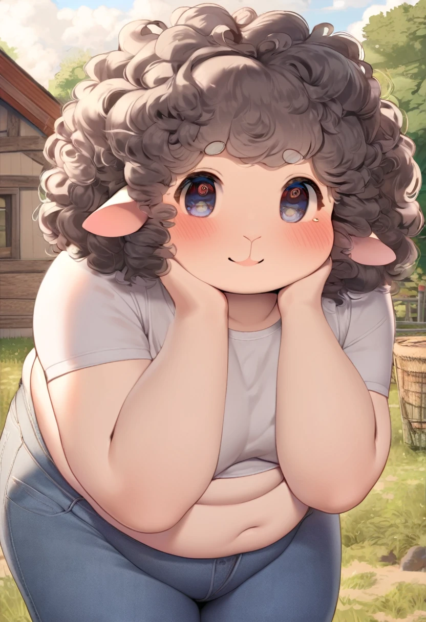 masterpiece、Very detailed、High resolution、8k、Fat face、Sheep man、snub nose, Chubby body type、Huge 、A shy smile、blush、(Fluffy, voluminous curly hair:1.3)、Gray Hair、Kind eyes、Round eyes、T-shirt and jeans、Rural Village、Detailed eyes、Detailed skin、Detailed Hair、noon、(Rustic touch),front、