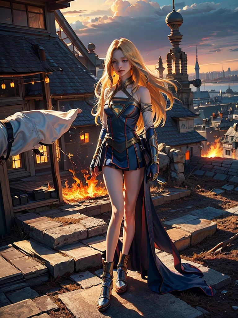 Unreal Engine 5, realistic, official art, unity 8k wallpaper, very detailed, beautiful and aesthetic, beautiful, masterpiece, best quality, (zentangle, mandala, tangle, entangle), 1 woman, mature, (Melissa Benoist as Supergirl, blonde hair), (Supergirl stands in the aftermath of devastation., Nuclear explosions paint the horizon with fiery intensity. Clouds rise, Their sinister forms are the embodiment of unleashed primordial power.. Dazzling light casts distinct shadows, Once blue skies turn into a tapestry of fiery hues.. The contours of the landscape have been damaged by brute force., The air trembles with aftershocks... This scene is a haunting reminder of the cataclysmic forces that can change the course of history in an instant..), color matching