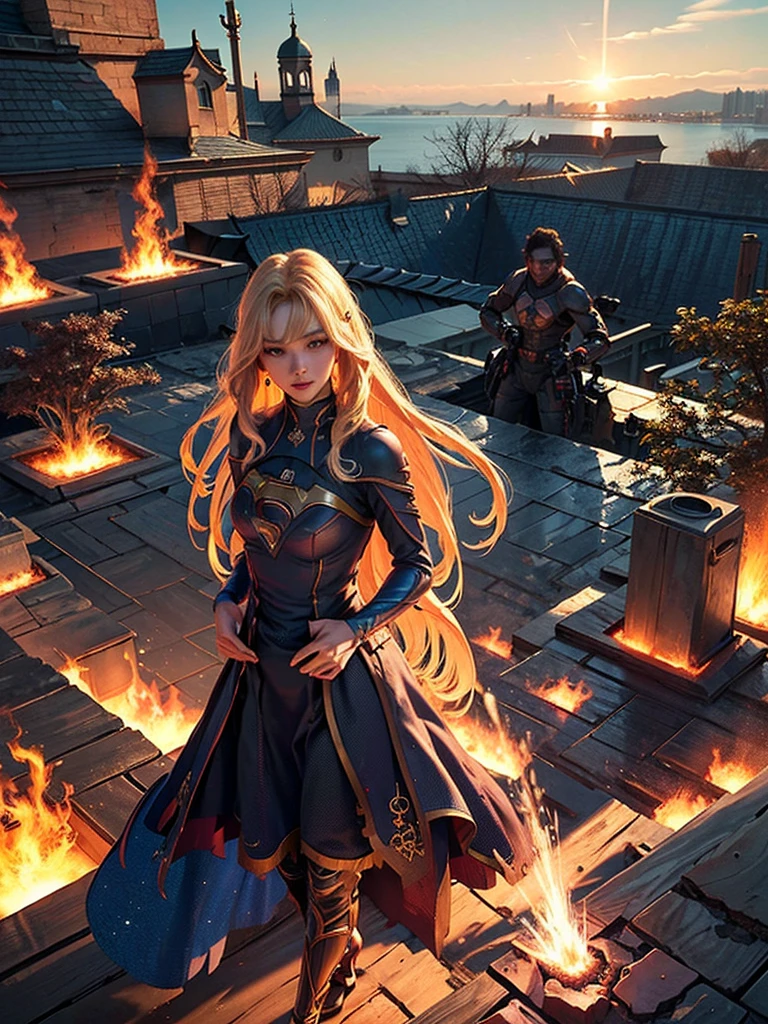 Unreal Engine 5, realistic, official art, unity 8k wallpaper, very detailed, beautiful and aesthetic, beautiful, masterpiece, best quality, (zentangle, mandala, tangle, entangle), 1 woman, mature, (Melissa Benoist as Supergirl, blonde hair), (Supergirl stands in the aftermath of devastation., Nuclear explosions paint the horizon with fiery intensity. Clouds rise, Their sinister forms are the embodiment of unleashed primordial power.. Dazzling light casts distinct shadows, Once blue skies turn into a tapestry of fiery hues.. The contours of the landscape have been damaged by brute force., The air trembles with aftershocks... This scene is a haunting reminder of the cataclysmic forces that can change the course of history in an instant..), color matching