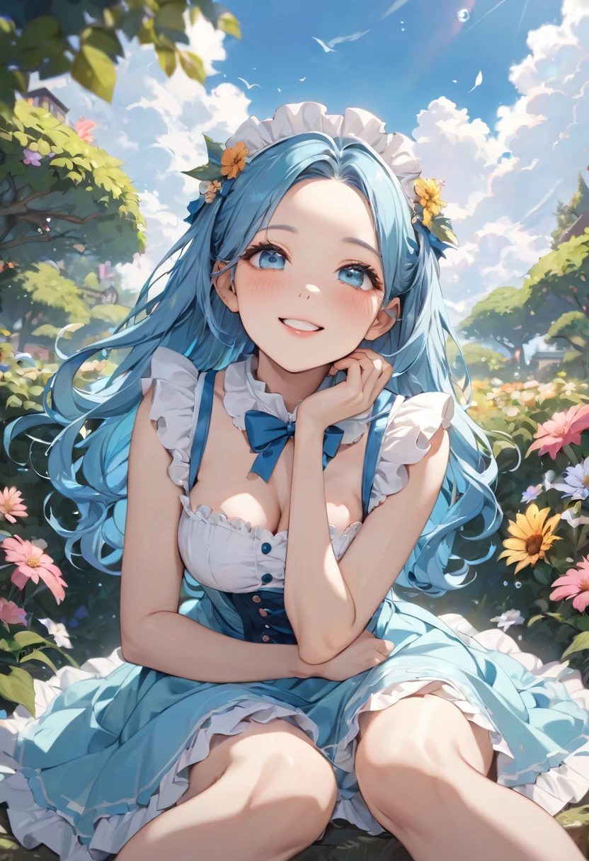 (beautiful style), (solo:2, ), (beautiful detailed forehead) (beautiful detailed blue hair, long hair) (best cute girl, best cute blue eyes, glossy lip, looking up, best grow smile:1.1, medium tits) a immensely beautiful summer maid dress, break, in the beautiful enchanted garden, background beautiful summer sky, BREAK, perfect anatomy, masterpiece, best quality, beautiful detailed pastel color, daydreaming expression.
