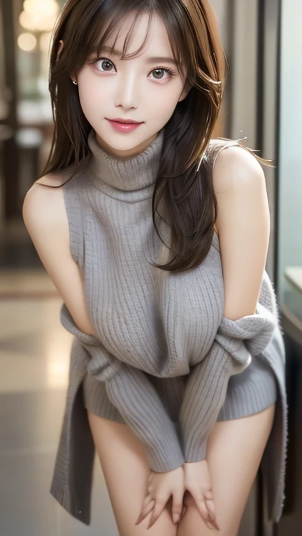 (Highest quality)), ((masterpiece)), (detailed), Full Body Shot,One woman,28歳のBeautiful woman,Married Woman,微笑むMarried Woman,The look of temptation,Very sexy,(((Big Breasts,Wearing a turtleneck, sleeveless knit sweater.8,The length of the sweater is up to the waist,No bra))),Small nipples,Sweater with wide open chest,Emphasize cleavage,Grey sweater,
Beautiful woman,Beautiful Face,Big eyes,Beautiful Eyes,Well-formed double eyelids,Beautiful teeth alignment,8 head body,Beautiful body lines,Slender body,Beautiful Hands,Beautiful legs,Long hands,Long legs,Long and flexible hair,Shiny hair,Black hair,Full Body Shot,Embarrassed expression,blush,Half-open mouth,from below,Beautiful shoulders,Beautiful collarbone、Woman standing with legs apart,The viewer looks at the woman from below,(((press breasts together1.5))),