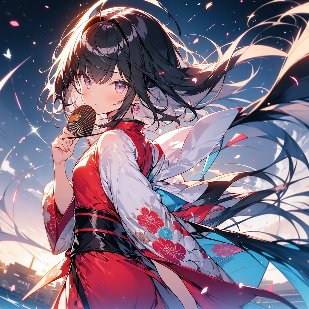 One Girl, Japanese, (Mini Chinese clothes,Deep slit)1:3, Hold a fan, good, Beautiful poop, delicate, cute, Black-haired, Narrow eyes, ((Head to waist)), masterpiece, Highest quality, Ultra HD