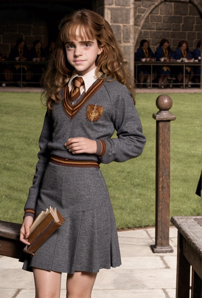 Hermoine Granger ass Hogwarts uniform., mini skirt,  white pantyhose, walking with his books , patio the Hogwarts,  bright sunny day 