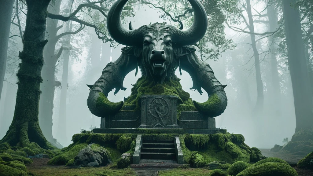 dark medieval forest, a weathered bull statue or sigil stands amid the ancient, towering trees. The statue, carved from dark, moss-covered stone, exudes a sense of timeless strength and mystery. Moonlight filters through the dense canopy above, casting eerie shadows that dance across the bull's powerful form. The forest around it is thick with silence, the air heavy with the scent of damp earth and decaying leaves. Twisted roots and overgrown vegetation partially obscure the base of the statue, hinting at its age and the forgotten purpose it once served. The bull's eyes, though lifeless stone, seem to watch the surrounding woods with an imposing presence, adding an air of foreboding and ancient power to the scene.