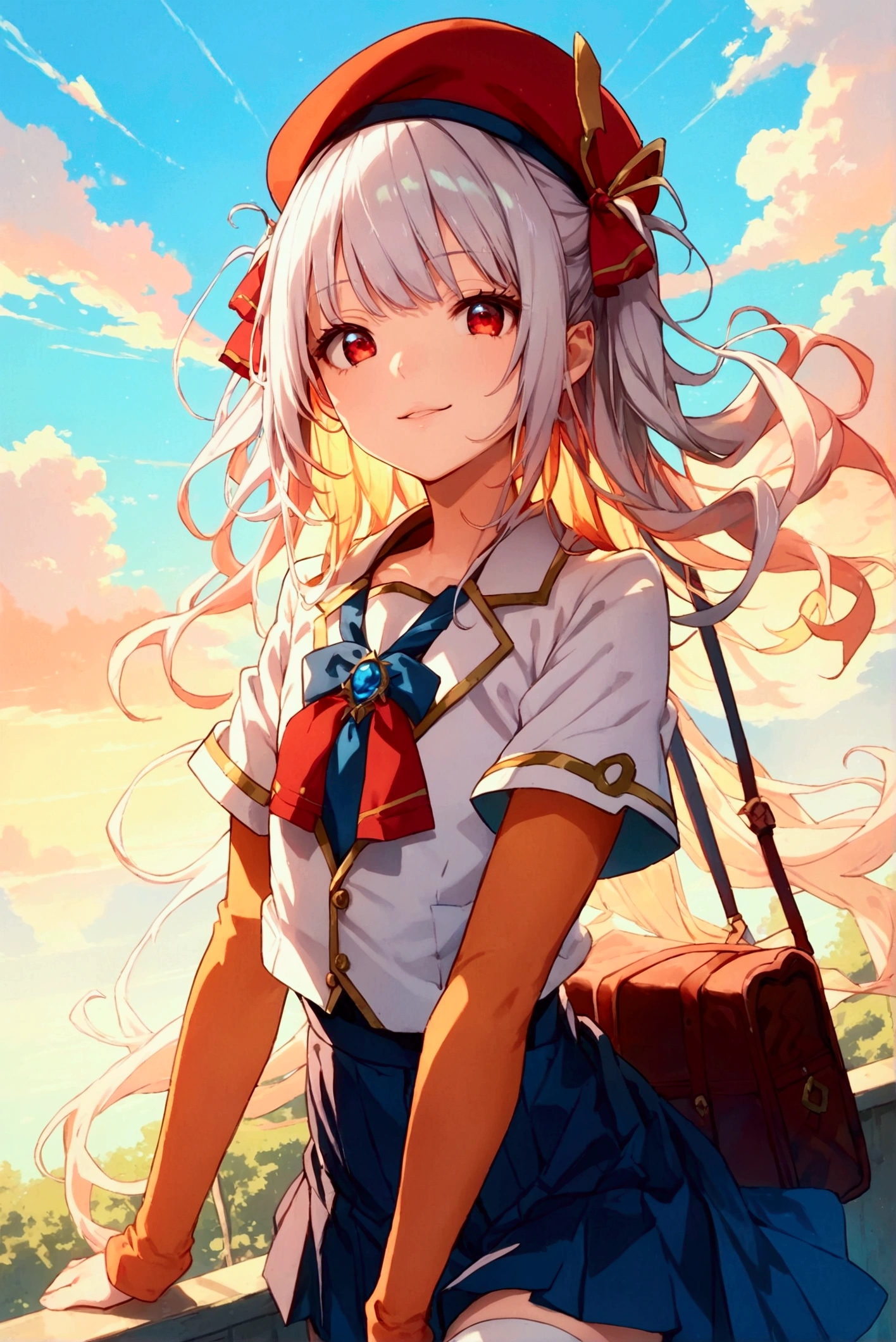 score_9, score_8_up, score_7_up, rating_safe, masterpiece, best quality, very aesthetic, absurdres, 1girl, solo, solo forcus, silver hair, long hair, two side up, bangs, red eyes, (beret, white beret), (hair ribbon, red ribbon), (blazer, white blazer:1.2), (blue necktie:1.2), long sleeves, blue skirt, pleated skirt, faint lips, light smile, thighhighs, white thighhighs, school bag, petite, flat chest, from above, leaning forward, looking at viewer, sky, sunset, golden hour