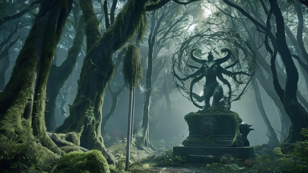 dark medieval forest, a weathered bull statue or sigil stands amid the ancient, towering trees. The statue, carved from dark, moss-covered stone, exudes a sense of timeless strength and mystery. Moonlight filters through the dense canopy above, casting eerie shadows that dance across the bull's powerful form. The forest around it is thick with silence, the air heavy with the scent of damp earth and decaying leaves. Twisted roots and overgrown vegetation partially obscure the base of the statue, hinting at its age and the forgotten purpose it once served. The bull's eyes, though lifeless stone, seem to watch the surrounding woods with an imposing presence, adding an air of foreboding and ancient power to the scene.