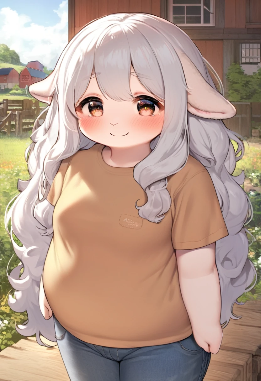 masterpiece、Very detailed、High resolution、8k、Fat face、Sheep man、snub nose, Chubby body type、Huge 、A shy smile、blush、(Fluffy, voluminous, curly long hair:1.3)、White Hair、Kind eyes、Round eyes、T-shirt and jeans、Rural Village、Detailed eyes、Detailed skin、Detailed Hair、noon、(Rustic touch),front、