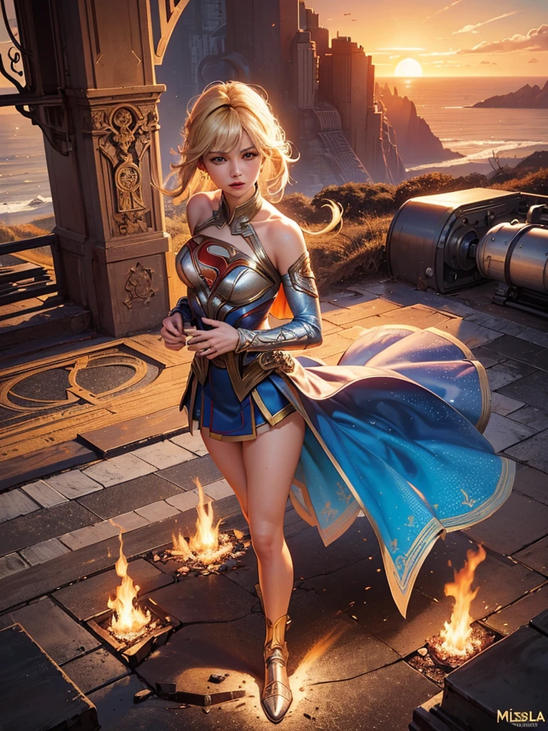 Unreal Engine 5, realistic, official art, unity 8k wallpaper, very detailed, beautiful and aesthetic, beautiful, masterpiece, best quality, (zentangle, mandala, tangle, entangle), 1 woman, mature, (Melissa Benoist as Supergirl, blonde hair), (Supergirl stands in the aftermath of devastation., Nuclear explosions paint the horizon with fiery intensity. Clouds rise, Their sinister forms are the embodiment of unleashed primordial power.. Dazzling light casts distinct shadows, Once blue skies turn into a tapestry of fiery hues.. The contours of the landscape have been damaged by brute force., The air trembles with aftershocks... This scene is a haunting reminder of the cataclysmic forces that can change the course of history in an instant..), color matching