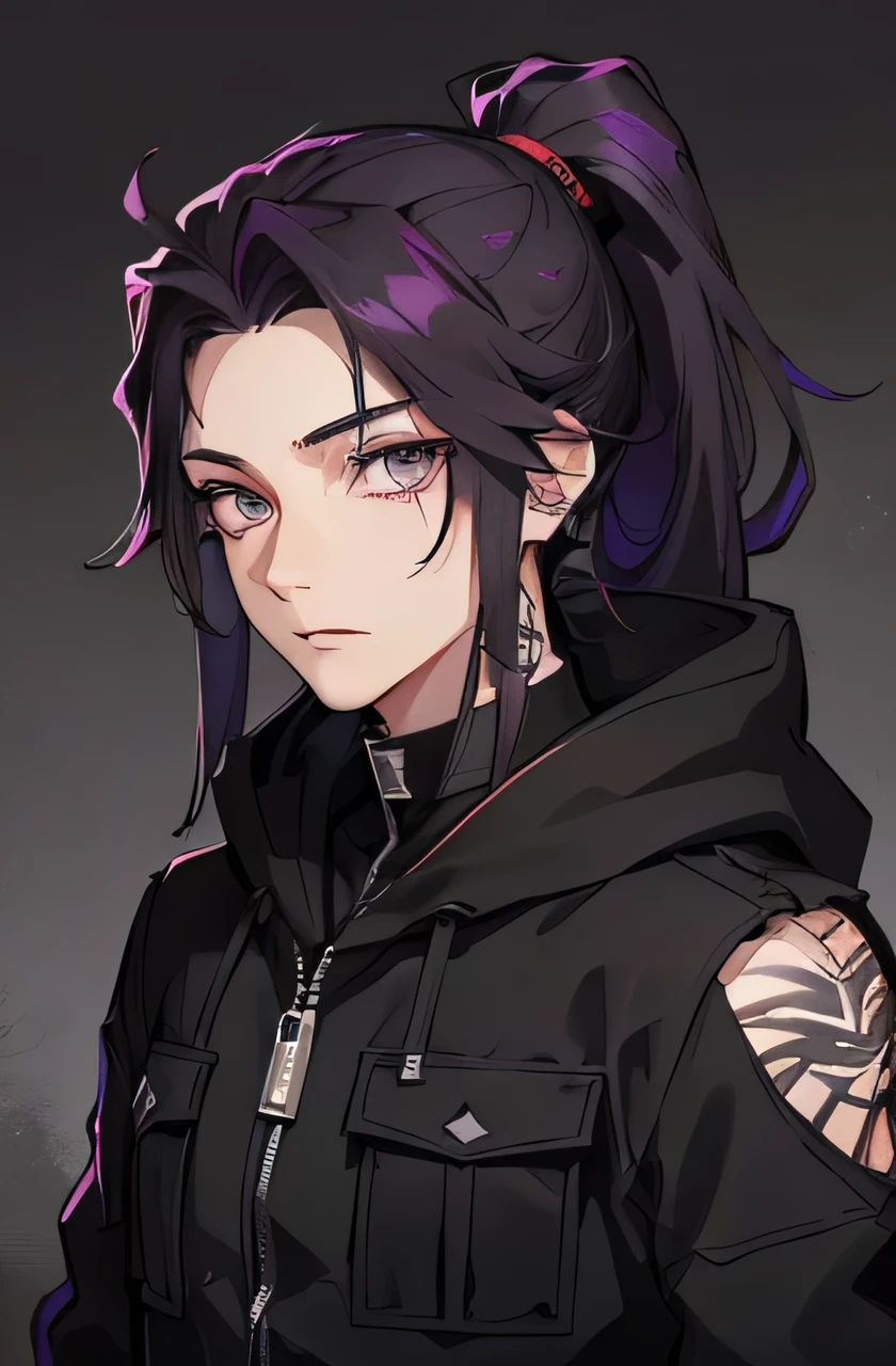 Male, man looking, handsome, tall, solo, black cargo Pants, black combat boots, black hoodie, Half black Half purple hair, ponytail hair, one purple eye, one Golden eye, looking at viewer, tattoos all over the body, forest background, 17 year old