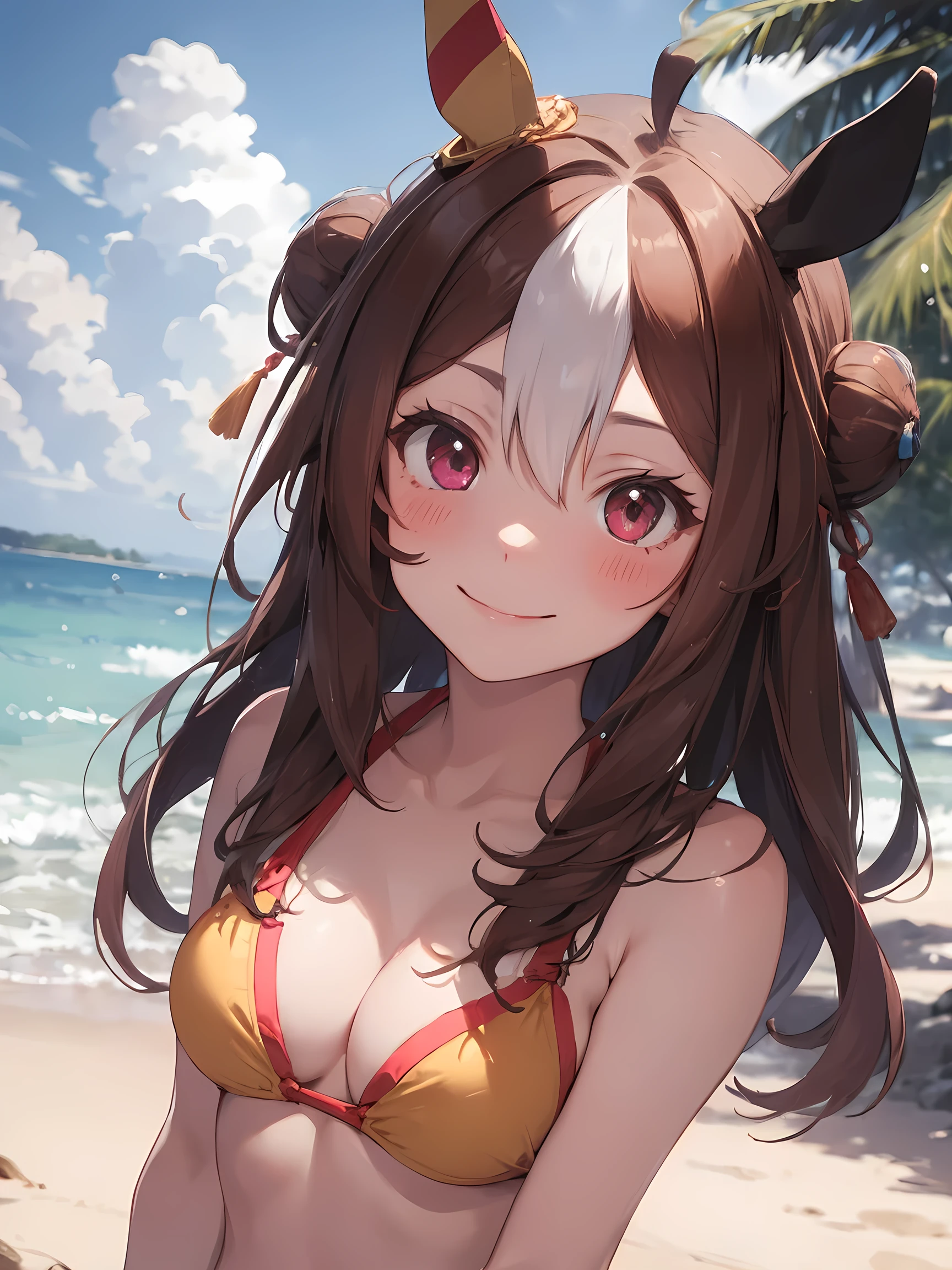 (NSFW:1.1), (masterpiece, best quality, perfect face:1.4) looking at viewer , walking, smile, blush, copano rickey \(umamusume\), Yellow bikini, Red frill, cowboy shot, beach, Sand castle, tree, wave, wind