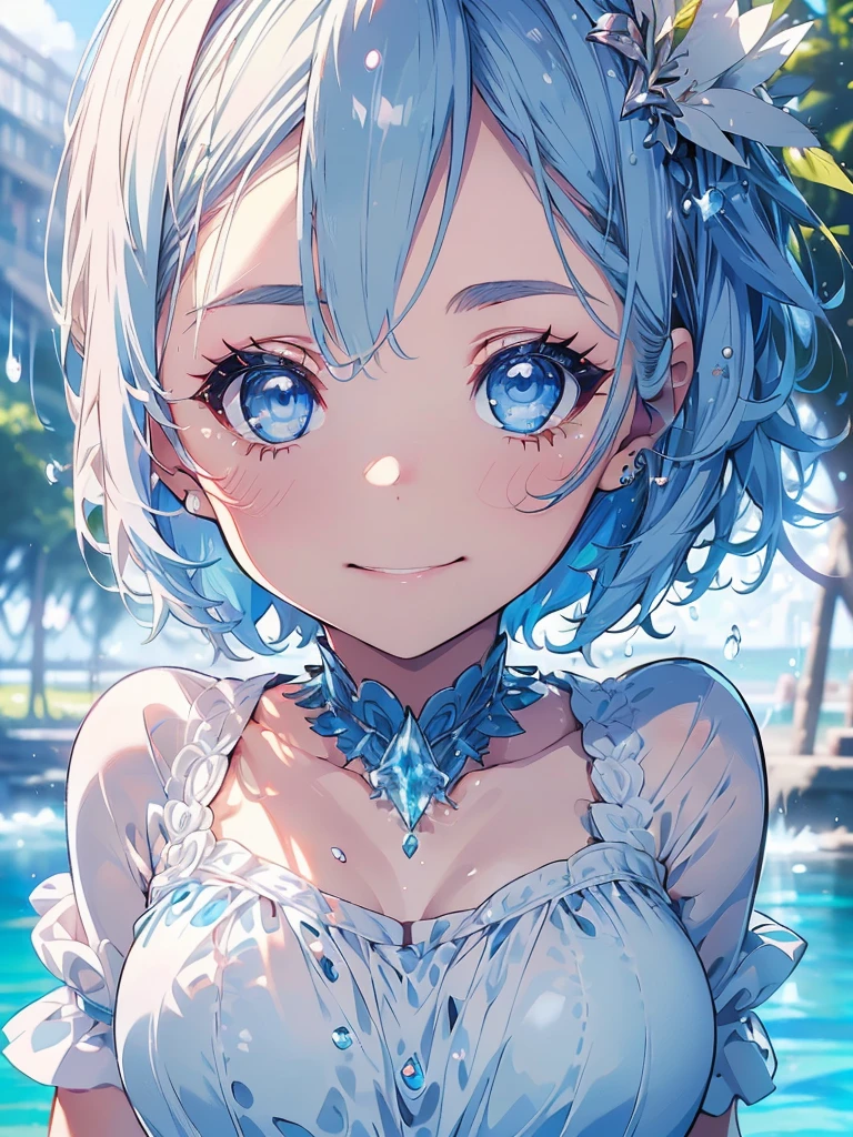 A cute girl in a swimsuit（original bikini swimsuit）(Small body) (Little Girl:1.5), (blonde:1.5）(eyelash:1.2)(eye shadow:1.3) (Blue eyes:1.5), (Beautiful fine details:1.4) (Short Bob Hair:1.4), (Blue eyes)(Big Breasts:1.3) (White skin:1.2)Height: 130cm, original character, Fantasy, View Viewer Art： (A girl with beautiful deep eyes. The depth of field in the photo is perfect、Lens flares create a nice atmosphere. The details of her face really stand out, This photo definitely gets a 10 or more.. background, There is a beautiful sea with crystal clear water and water droplets floating on the surface.　Laughing happily
