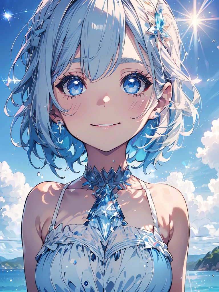 A cute girl in a swimsuit(original bikini swimsuit)(Small body) (Little Girl:1.5), (blonde:1.5)(eyelash:1.2)(eye shadow:1.3) (Blue eyes:1.5), (Beautiful fine details:1.4) (Short Bob Hair:1.4), (Blue eyes)(Big Breasts:1.3) (White skin:1.2)Height: 130cm, original character, Fantasy, View Viewer Art: (A girl with beautiful deep eyes. The depth of field in the photo is perfect、Lens flares create a nice atmosphere. The details of her face really stand out, This photo definitely gets a 10 or more.. background, There is a beautiful sea with crystal clear water and water droplets floating on the surface. Laughing happily