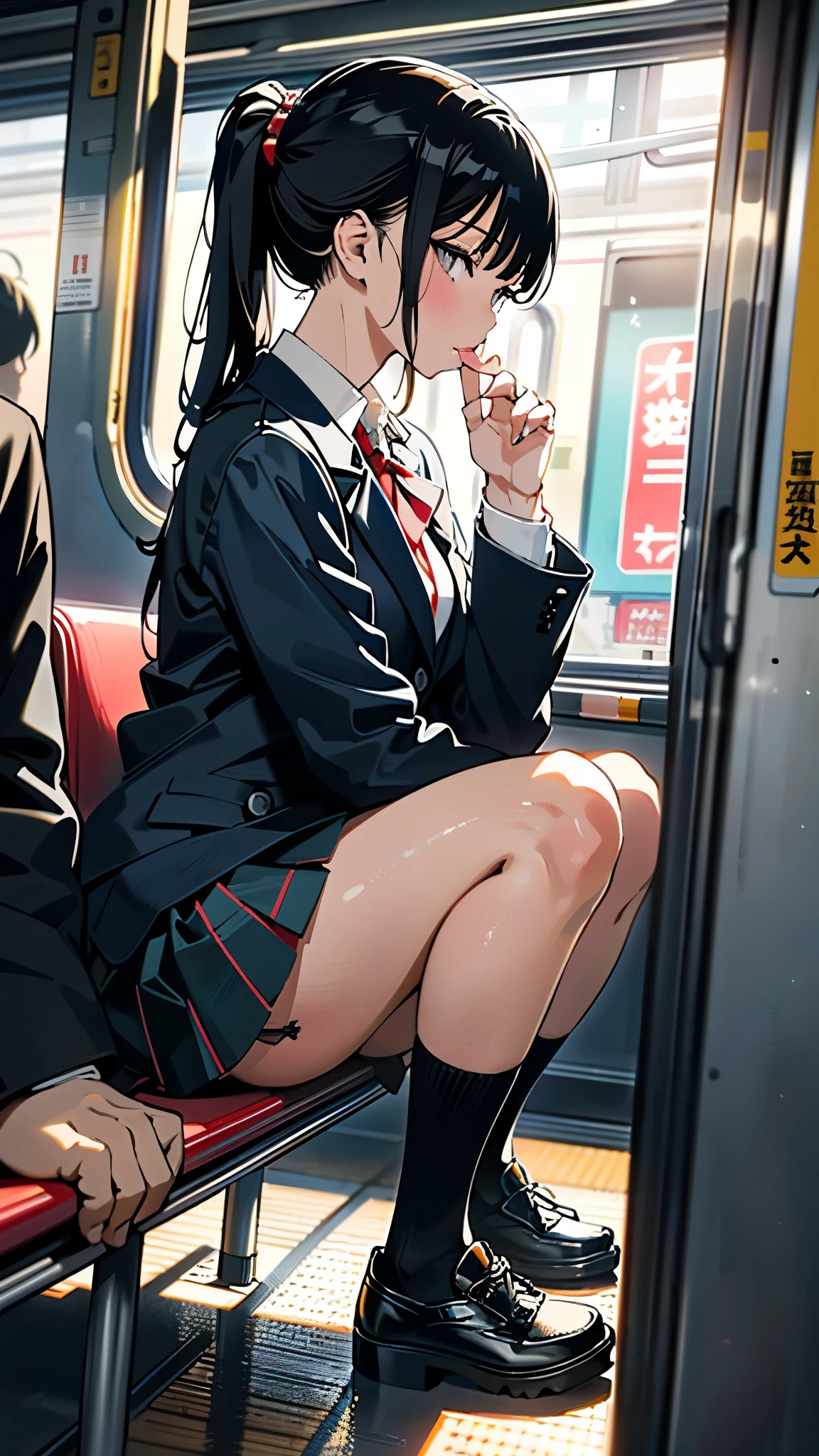 (Masterpiece:1.2), (high quality), (pixiv:1.4), (anime:1.4), panties, loose socks, black hair, buttocks, blue skirt, solo, blazer type, loose socks, lifting clothes, brown eyes, pure gaze, miniskirt, herself lift, plaid skirt, blush,((medium breasts)), (heart-shaped pupils),(side ponytail), (a lot of sweat), Long hair, Physical education sitting, beauty legs, ((on the train))