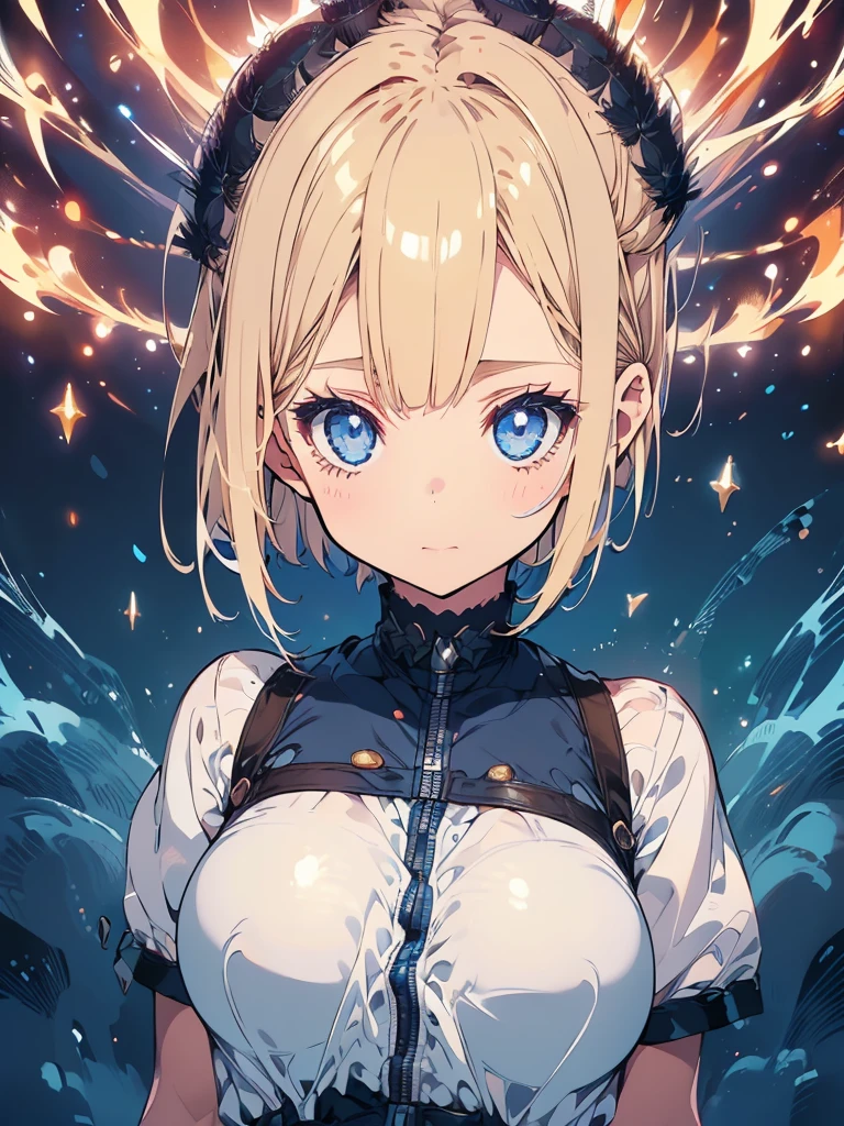 Navy blue original uniform ( Girl:1.5)(Small body) (blonde:1.5)(eyelash:1.2) (Short Bob Hair:1.4), (Blue eyes)(Big Breasts:1.3)High contrast golden glowing flames all over the body(Shining Light:1.5)