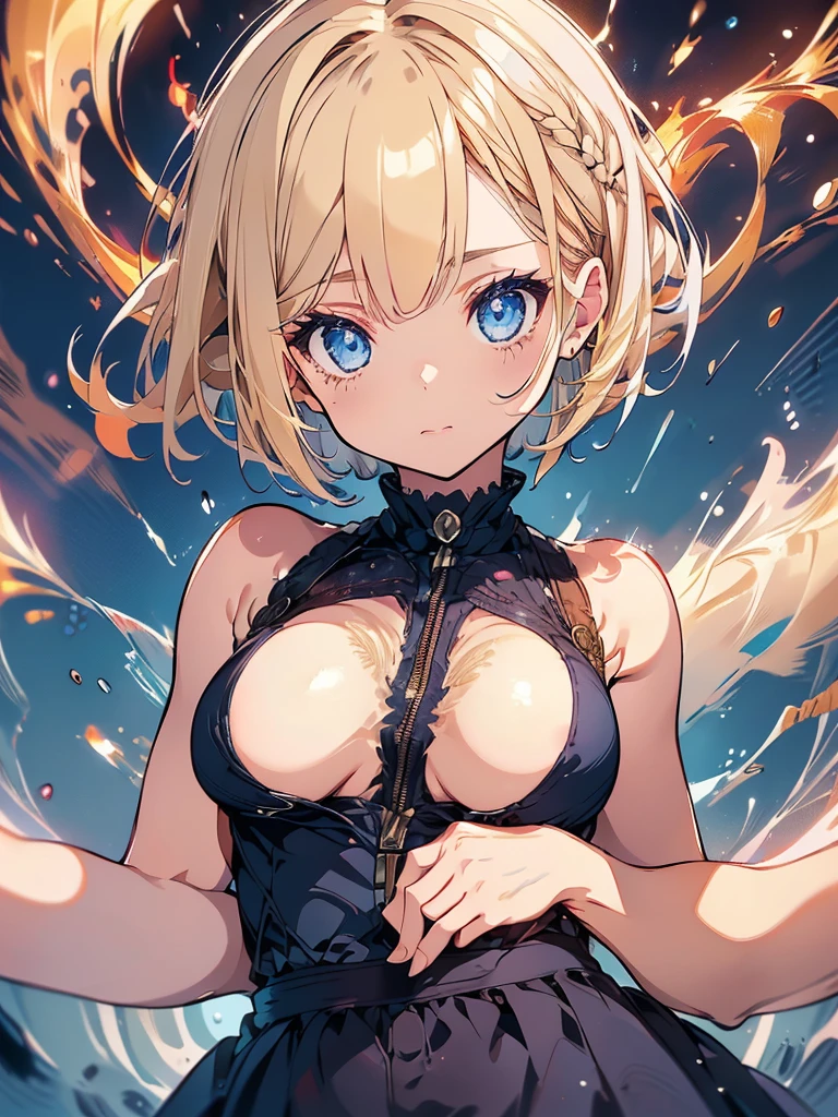 Navy blue original uniform (:1.5)(Small body) (blonde:1.5)(eyelash:1.2) (Short Bob Hair:1.4), (Blue eyes)(Big Breasts:1.3)High contrast golden glowing flames all over the body(Shining Light:1.5)