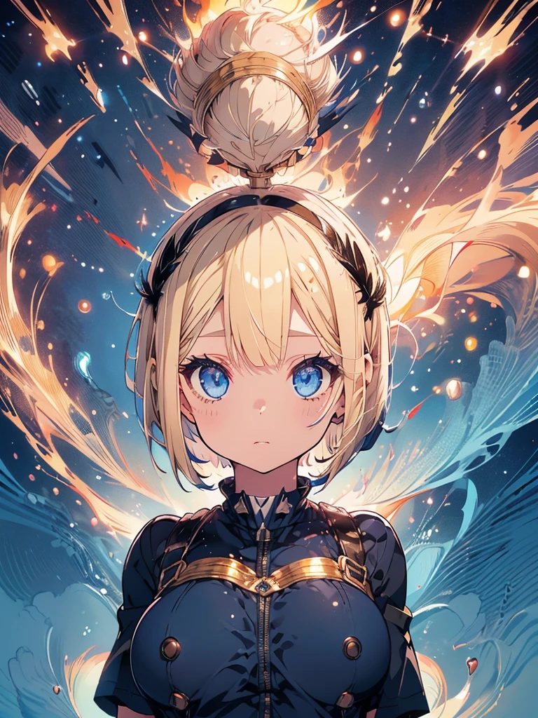 Navy blue original uniform (:1.5)(Small body) (blonde:1.5)(eyelash:1.2) (Short Bob Hair:1.4), (Blue eyes)(Big Breasts:1.3)High contrast golden glowing flames all over the body(Shining Light:1.5)