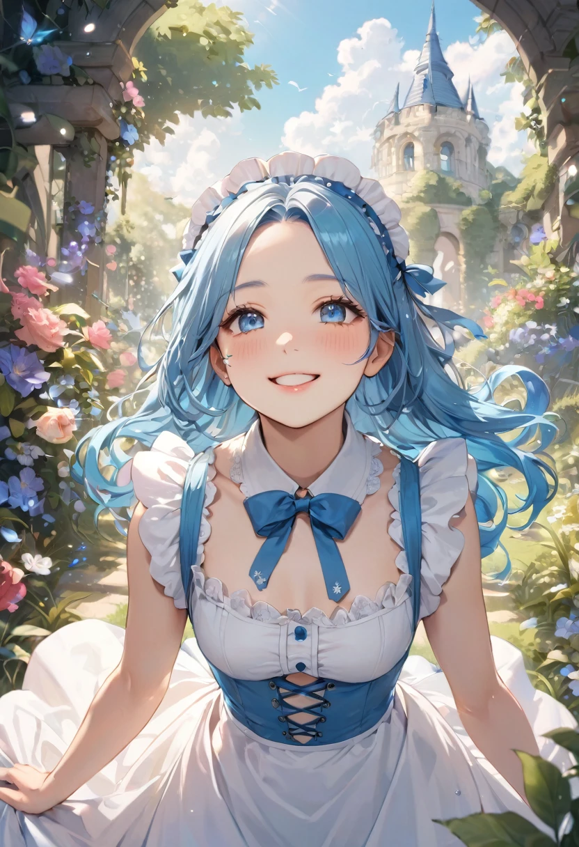(beautiful style), (solo:2, 15 yo), (beautiful detailed forehead) (beautiful detailed blue hair, long hair) (best cute girl, best cute blue eyes, glossy lip, looking up, best grow smile:1.1, small tits), in a immensely beautiful summer maid dress, break, in the beautiful enchanted garden, background beautiful summer sky, BREAK, perfect anatomy, masterpiece, best quality, beautiful detailed pastel color, daydreaming expression.
