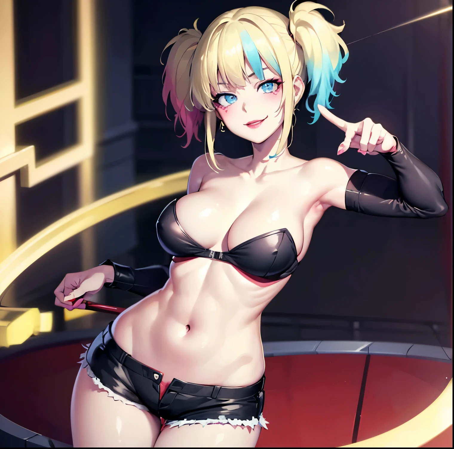 (1girl)),((alone)),harley quinn,(masterpiece), (best quality), (ultra detailed), (best illustration), (best shadow), (absurdities), sharp focus, cowboy shot , dynamic posture looking at the viewer, medium breasts, narrow waist, wide hips, wide thighs, round butt, erotic, romantic, (very detailed eyes, lips 1.1), very detailed eyes, eyes, Very detailed face, Very pretty face, height full, beautiful slim figure, femininity, expressive appearance, elastic medium breasts, sexuality, pink skin, blonde hair, multicolored hair blue hair, pink hair, two stories, long hair bangs, blue eyes, red lips, lipstick, tattoo, nail polish, underwear, shorts, panties, breasts, open fly, ribbon, navel, big breasts, multicolored camisole, red and black camisole, cleavage, smile, panties with bow, two sides up, abdomen, unbuttoned, multicolored shorts, open shorts, red pants with black, unbuttoned, defined body, perfect and beautiful body, perfect and beautiful, closed mouth, smile, happy smile, blush, (sexy pose: 1.2), ((solo)), standing: 1.3 , exterior cityscape, streets, dirty city, city lights, looking forward, ((focus on breaths )), point of view: (from above), perfect anatomy, perfect hands