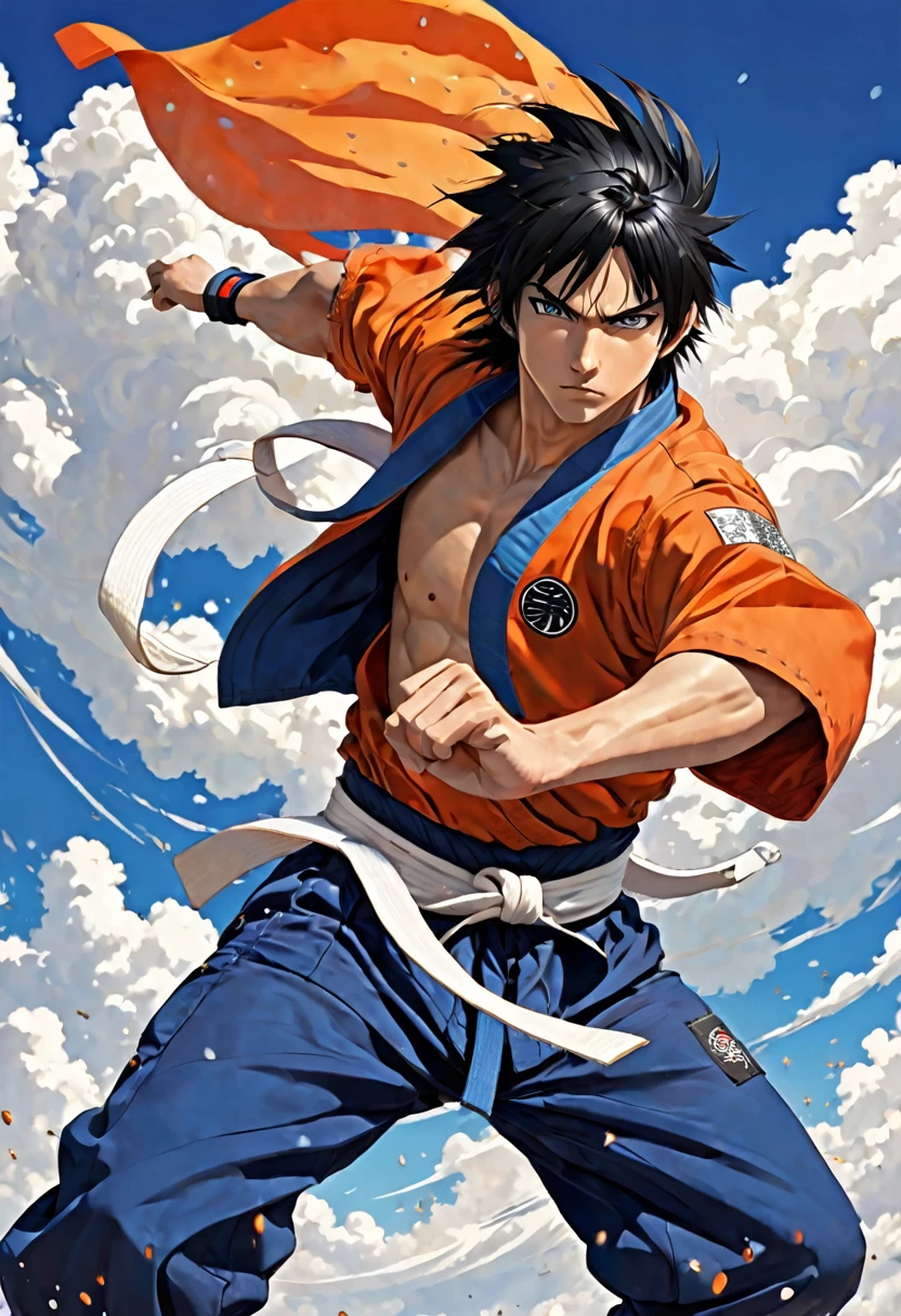 Vibrant, high-definition anime-style illustration featuring a male character with spiky black hair, standing against a backdrop of a bright blue sky with scattered white clouds. The character has a determined expression, with large, expressive eyes and a strong jawline. He is wearing an orange martial arts gi with a blue undershirt and a blue belt. On the left side of his chest, there is a circular emblem with Japanese kanji in black on a white background. The overall composition is dynamic, with the character looking upwards, giving a sense of resolve and strength.
